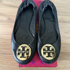 Tory Burch Reva Black Flats with Gold Emblem